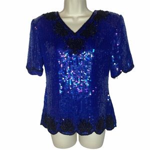 Holiday Party Vintage Women’s Cobalt Blue  Black Sequined & Beaded 80’s  Top